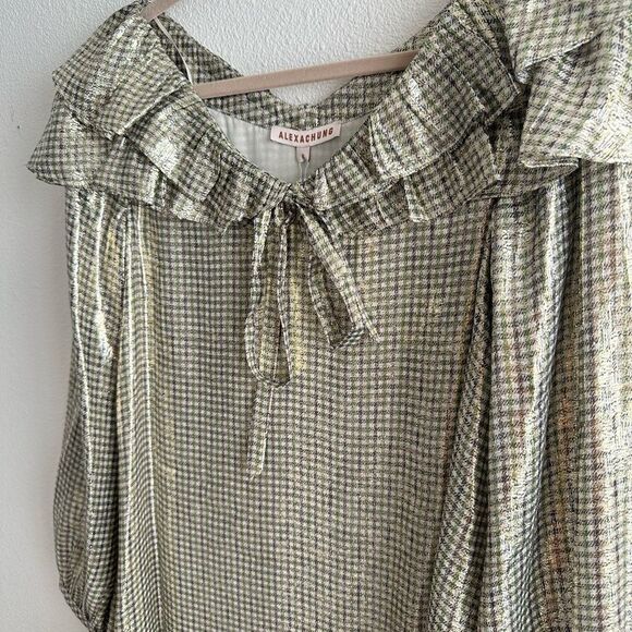 NWT ALEXACHUNG Metallic Lurex Silver Puff Sleeve Dress - Picture 4 of 9